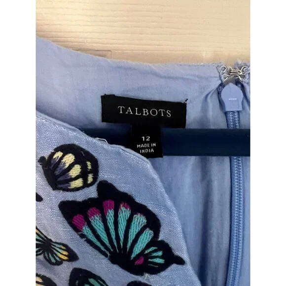Talbots Embroidered Butterfly Blue Linen Blend Knee Length Dress 12 Sun Dress - Picture 4 of 10